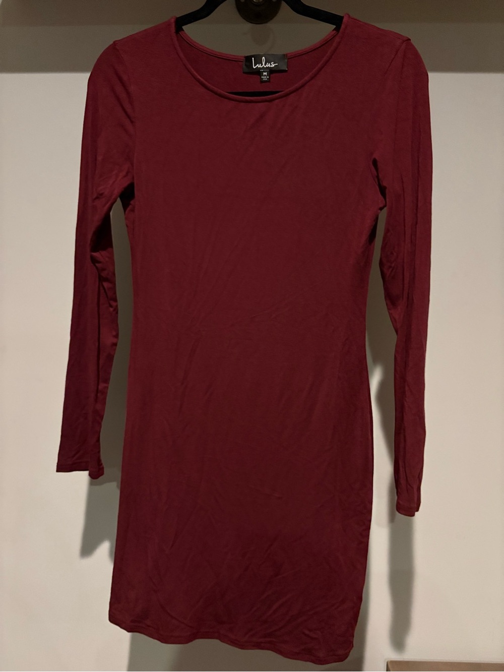 Lulu's Long Sleeve Crewneck Bodycon Dress in Burgundy